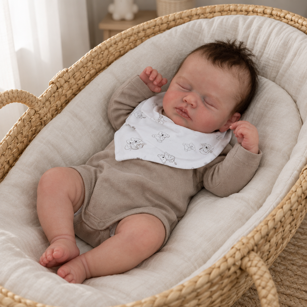 Reid, a sleeping reborn baby boy doll with dark rooted hair, resting in a cream-lined woven Moses basket