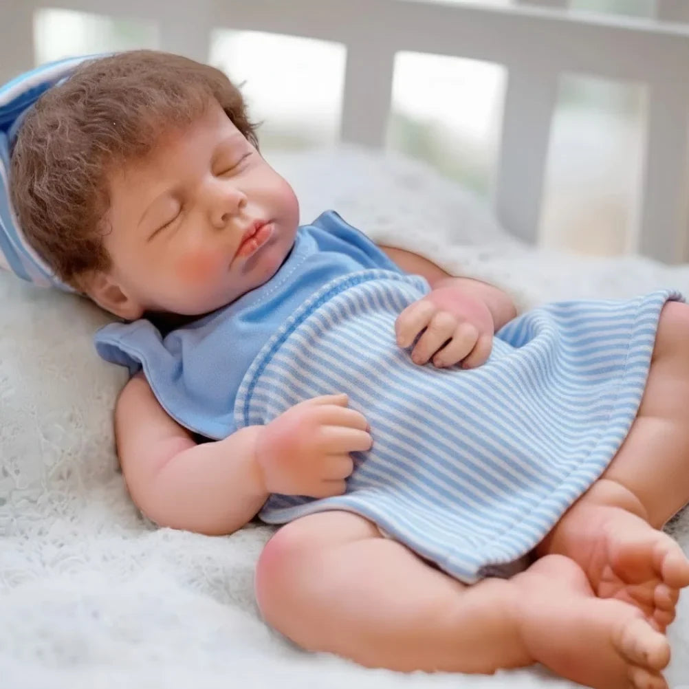 Close-up of the rooted hair on LouLou, an 18-inch full silicone reborn baby doll