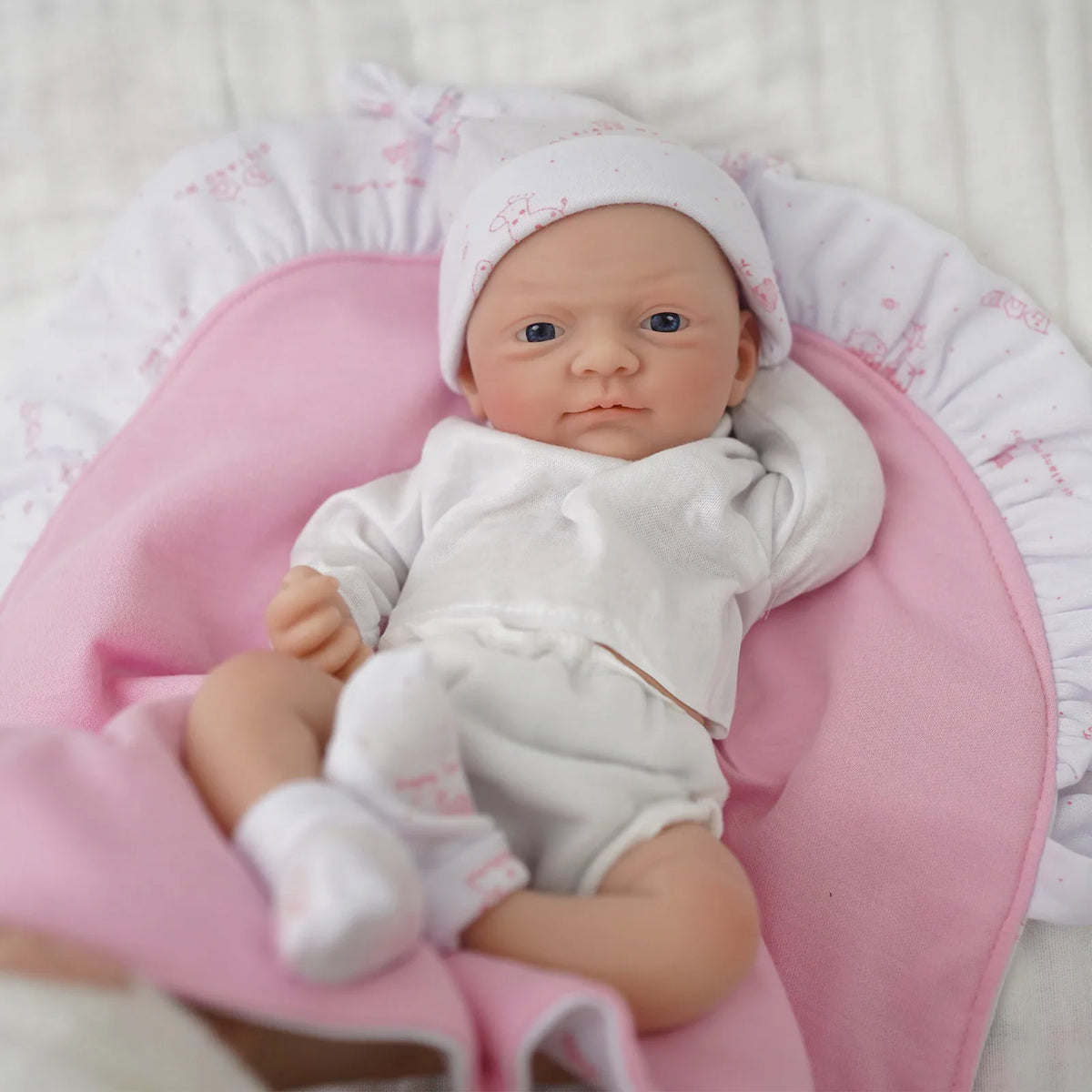 Ivy girl awake with open eyes, in a white hat and white socks