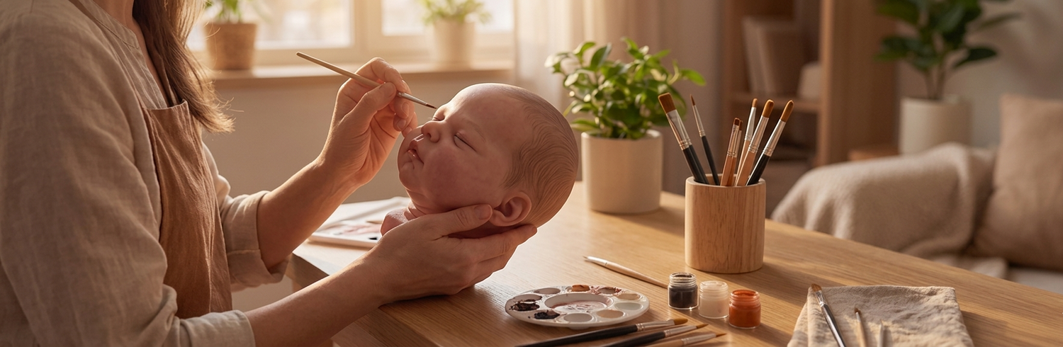 Person painting a child's face with makeup brushes in a warm, indoor setting.